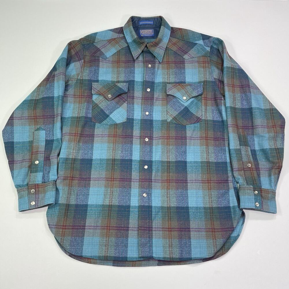 Vtg Pendleton Pearl Snap High Grade Western Wear Sz L Plaid Blue Purple
